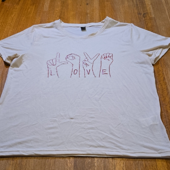 SHEIN Women XL Cream Red Sign Language Love Hand Sign Graphic Short Sleeve Shirt - Picture 1 of 12